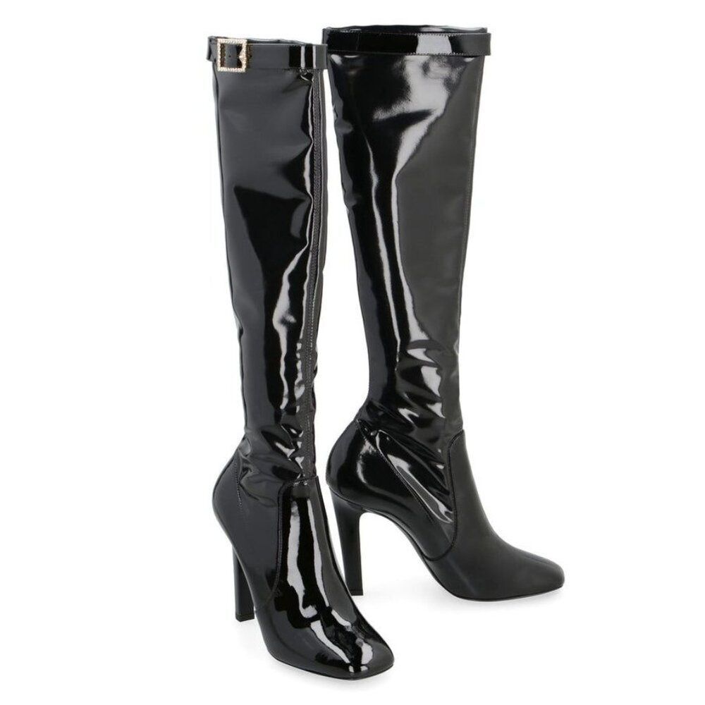 NEW SAINT LAURENT Black Glossy PVC & Patent Leather Knee High Boots Size EU38.5 - Picture 5 of 8
